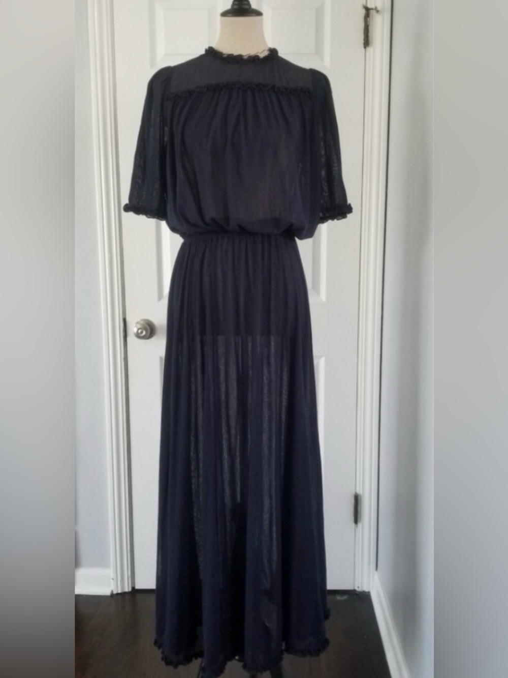 THE GREAT. Navy Sheer Mesh Ruffle Maxi Dress Size 2